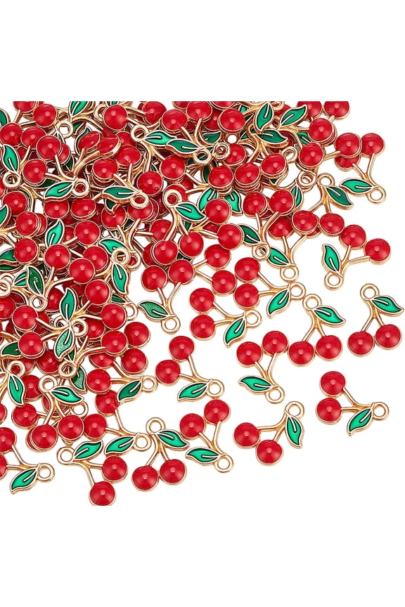 150Pcs Alloy Enamel Charms Cherry Charm Golden Red 13.5x10x2mm Hole: 1.6mm for DIY