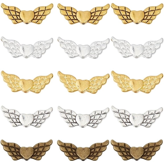 150Pcs Angel Wing Beads Wings Spacer Beads Gold Silver Alloy Guardian Angels Tibetan Fairy Wings Heart Shape Bead for DIY Earring Necklace Bracelet Jewelry Making Women Adult Crafting colorful DIY