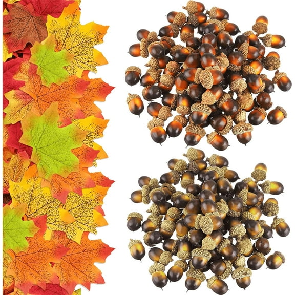 150Pcs Artificial Acorn and Maple Leaves Decor Set, Autumn Table Decorations Set, Plastic Acorns Fall Leaves decor for crafts Home Autumn Favor,Thanksgiving Day Christmas Wedding Decor