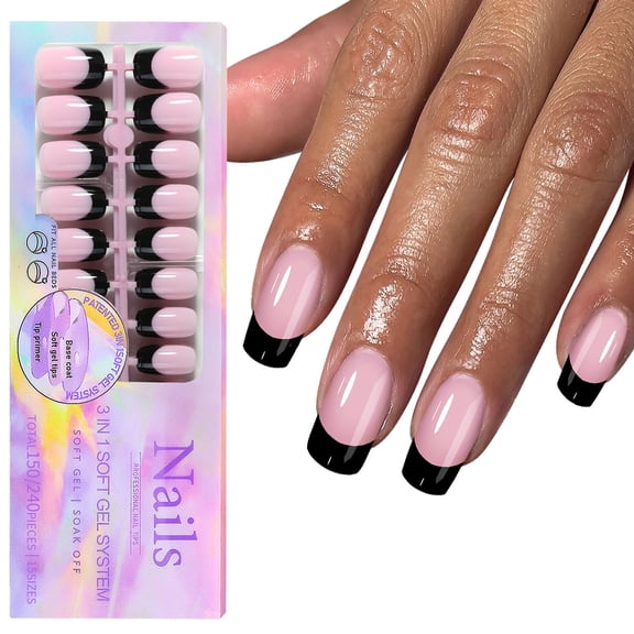 150Pcs Black French Tip Short Coffin Tips Artificial Acrylic Nails Easy to Wear 15 Sizes