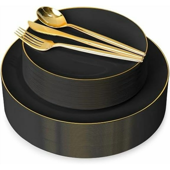 150Pcs Black Plastic Plates, Black Disposable Plates, Heavy Duty black plates for 30 Guests,Plastic Dinnerware Set Include 30 Dinner Plate,30 Dessert Plate,90 Gold Cutlery Set for Party