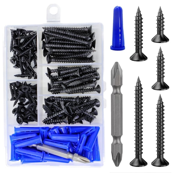 (150Pcs) Black Wood Screw Quick Metal Self Tapping Flat Head with Drywall Plastic Anchors kit