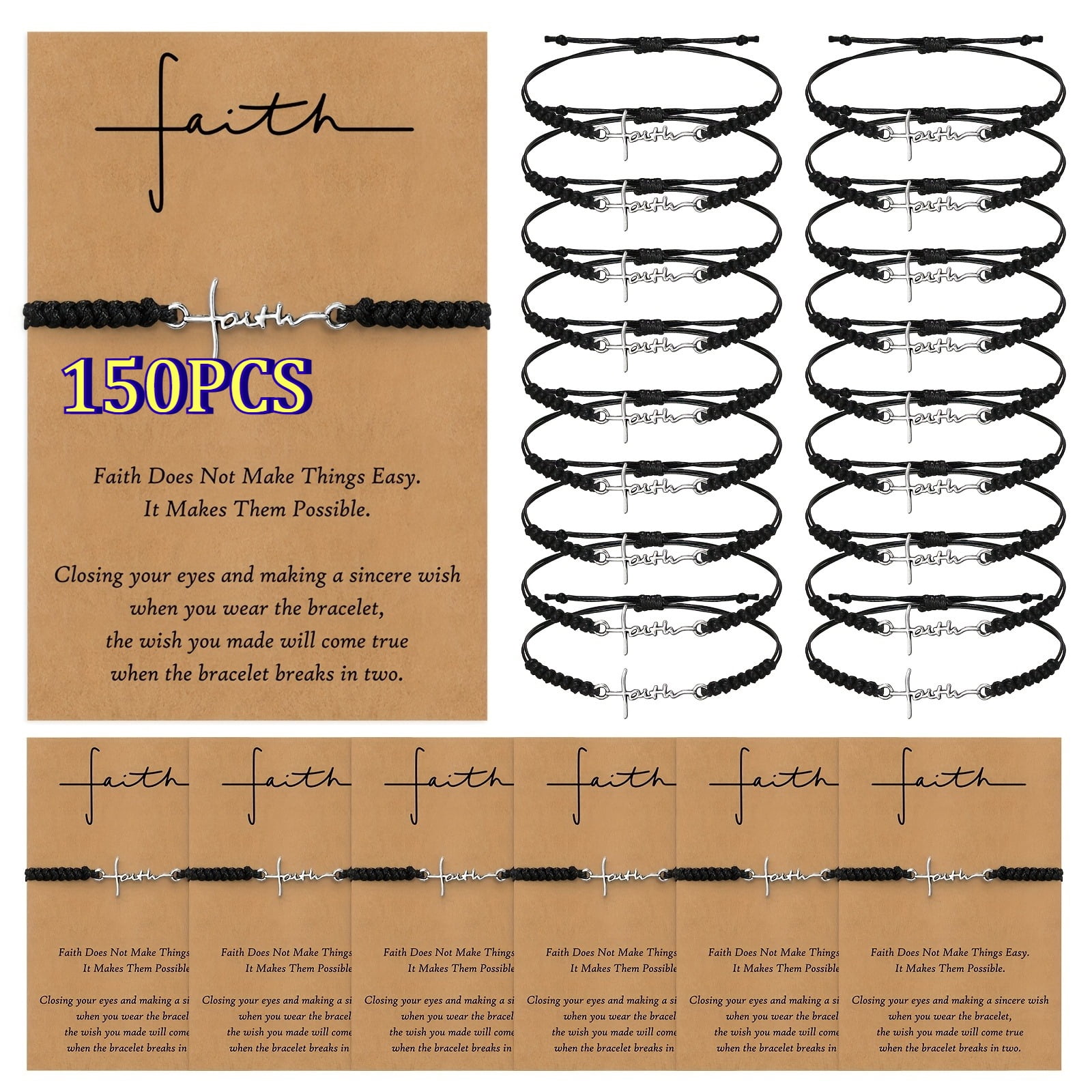 150Pcs Bulk Easter Faith Bracelets for Women, Couples Bracelets, Religious Charm Bracelets with Cards and Organza Bags, Church Party Favors, Verse Gifts for Easter Egg Hunt, Baptism, Weddings