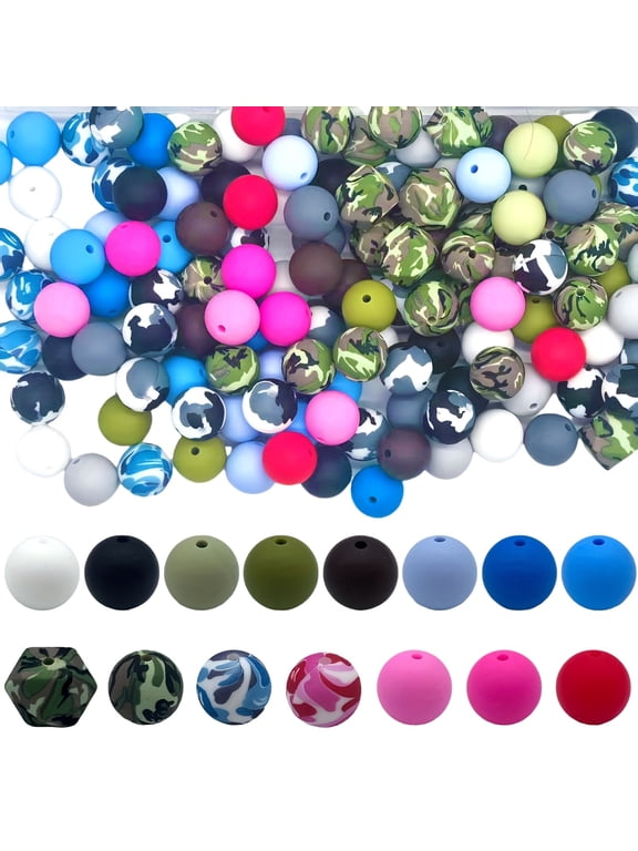 150Pcs Camo Watermark Silicone Beads Bulk, Mixed Round and Hexagon Silicone Beads, Marble Camouflage Printed Beads for DIY Bracelet, Keychain, Lanyard, Jewelry Making Craft Supplies
