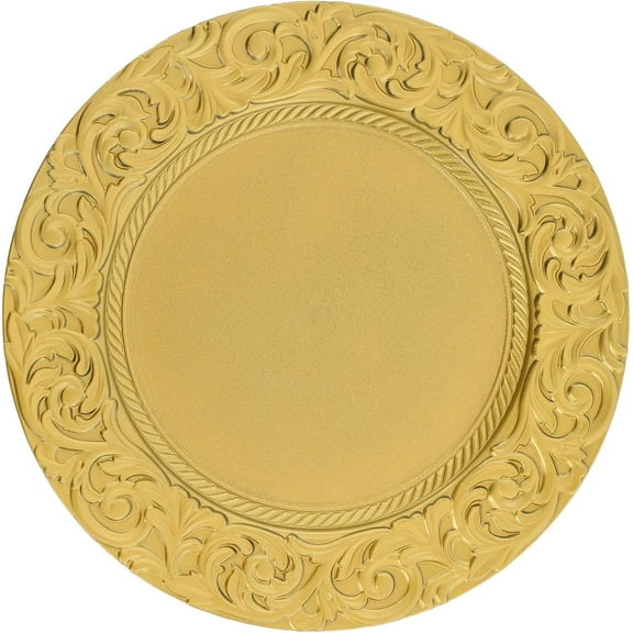 150Pcs Charger Plates Bulk Round Plastic Dinner Table Decorative Plates, 13 European Vintage Dinner Charger Plate, Embossed Rim Server Plate Decorative Chargers for Wedding, Party (Gold)