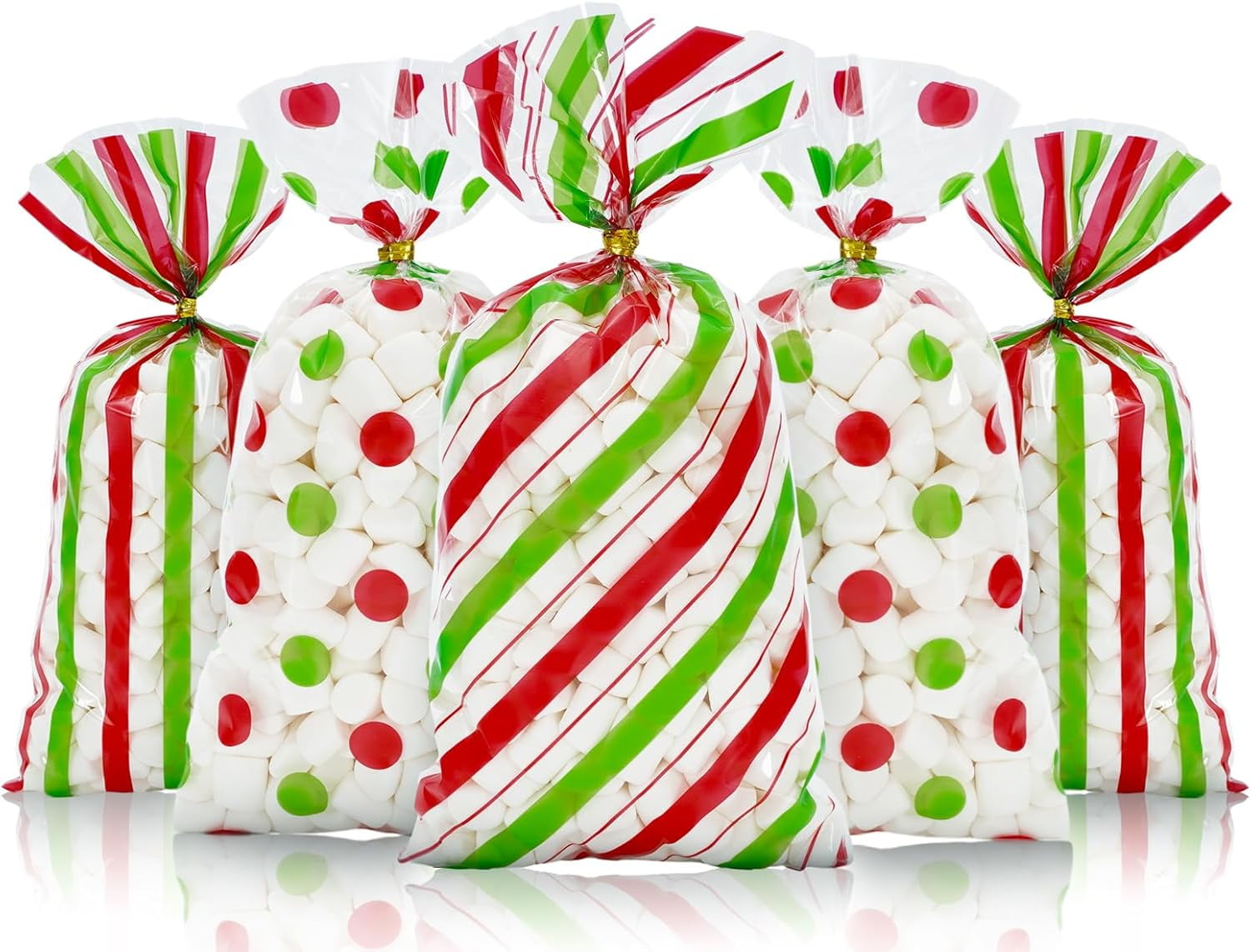 150Pcs Christmas Cellophane Bags Classic Red Green Strip Dot Design