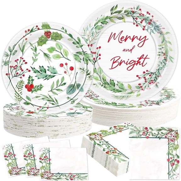 150Pcs Christmas Paper Plates and Napkins Disposable Dinnerware Set, 9"/12" Holly Berries Tableware Set for Christmas Winter Wonderland Holiday Wedding Baby Shower Party Supplies, Serve 50