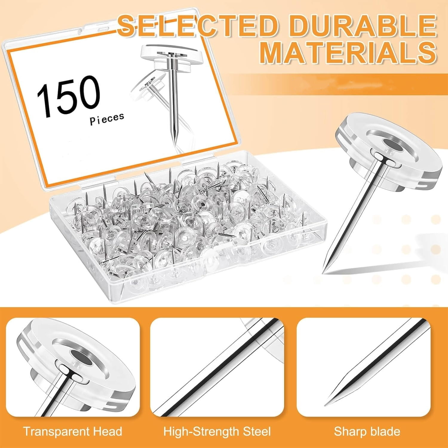 150Pcs Clear Push Pins Tacks, Thumb Tacks, Flat Head Thumbtacks for ...
