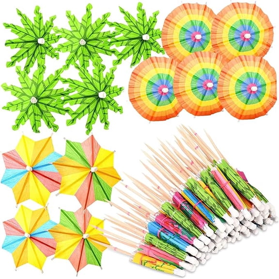 150Pcs Cocktail Umbrellas Toothpicks, Handmade Rainbow Paper Drink Parasols Mini Tropical Fruit Picks for Pool Party Cupcake Toppers Decoration (k)