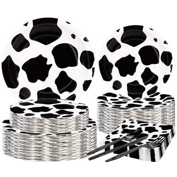 150Pcs Cow Print Party supplies Farm AFN1Cow Print Set Include 9"& 7"Cow Print Paper Plates and Napkins Knives Forks Spoons for Kids Cow Themed Birthday Party Decorations Serve 25 Guests
