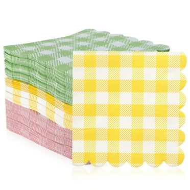 150Pcs Dinner Paper Napkins 5 Inch Reusable 3 Ply Pink Green and Yellow Checkered Napkin Decorative Paper Napkin Towel Scalloped Cocktail Napkins Guest Napkin for Party