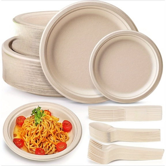 150Pcs Disposable Paper Plates Set, Compostable Plate Sugarcane Utensils Dinnerware Kit Includes 30 Biodegradable Plates, Forks, Knives and Spoons for Birthday Party Camping