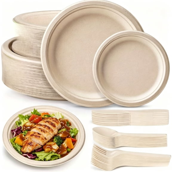 150Pcs Disposable Paper Plates Set, Compostable Plate Sugarcane Utensils Dinnerware Kit Includes 30 Biodegradable Plates, Forks, Knives and Spoons for Birthday Party Camping