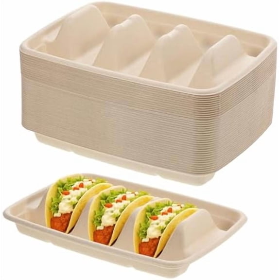 150Pcs Disposable Taco Holders for Party, Premium Bagasse Pulp Taco Plates, Taco Plates with 3 Dividers, 3-Slot Taco Tray Holder, Taco Bar Serving Set for Party Taco Tuesday Hot Dog Sandwich