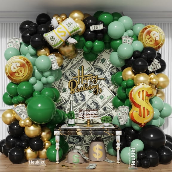 150Pcs Dollar Balloon Arch Kit, Green Metallic Gold Black Balloons with Dollar Foil Balloons for Birthday Money Theme Casino Anniversary Poker Night Party Decorations