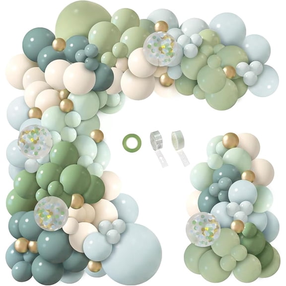 150Pcs Dusty Blue Green Balloon Garland Arch Kit, Ash Mist Green Haze Fog Blue Sand White Gold Balloons for Baby Shower Jungle Safari Woodland Wild One Bridal Birthday Party Decorations
