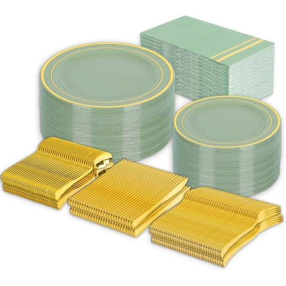 150Pcs Elegant Sage Green Disposable Dinnerware Set for 25 Guests