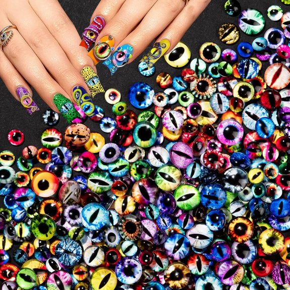 150Pcs Eye Nail Charms, 6mm 8mm 10mm Eyeball Charms for Nails, Dragon Eye Nail Charms, Animal Eyes Beads Decoration for Acrylic Nails, 3D Glass Eyes for Dolls, Halloween DIY Craft