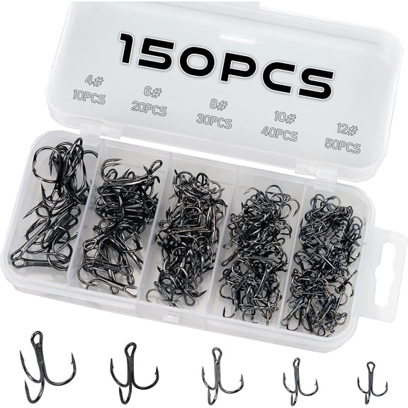 150Pcs Fishing Treble Hooks High Carbon Steel Fishing Hooks Classic Round Bend Triple Hooks Strong Sharp Treble Hooks