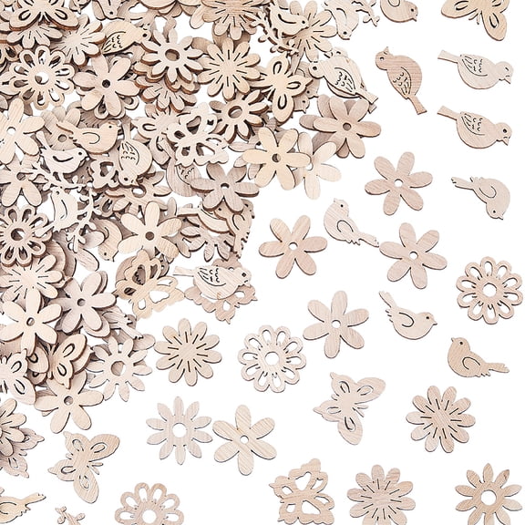 150Pcs Flower Shaped Wood Cutouts Unfinished Wood Cutouts Birds Butterfly Plant Blank Hollow Decorative Charms Pendants Pieces Slices Ornaments