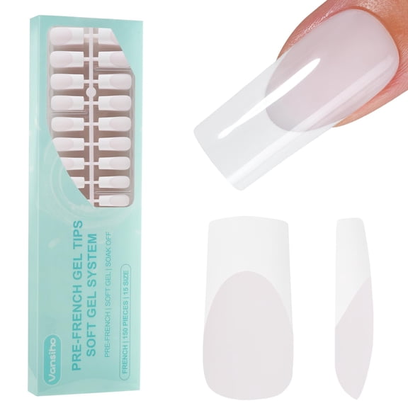 150Pcs French Gel Nails, White French Tip Press on Nails, Milky White Long Square Soft Gel Nail Tips, Acrylic Fake Nails for Nail Art DIY 15 Sizes