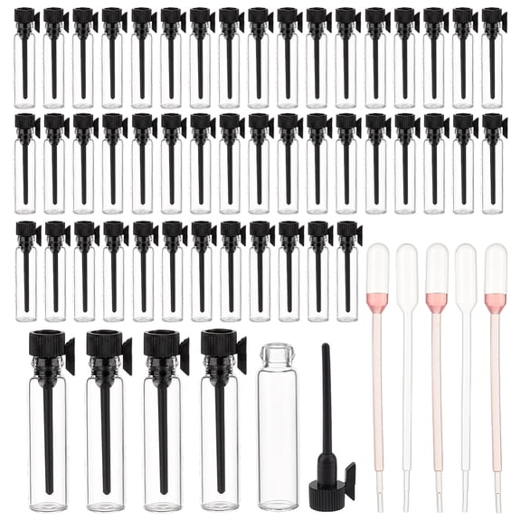 150Pcs Glass Refillable Perfume Bottles with Plastic Cap 20Pcs Plastic Dropper Black 0.9x3.95cm Capacity: 1ml(0.03fl. oz)