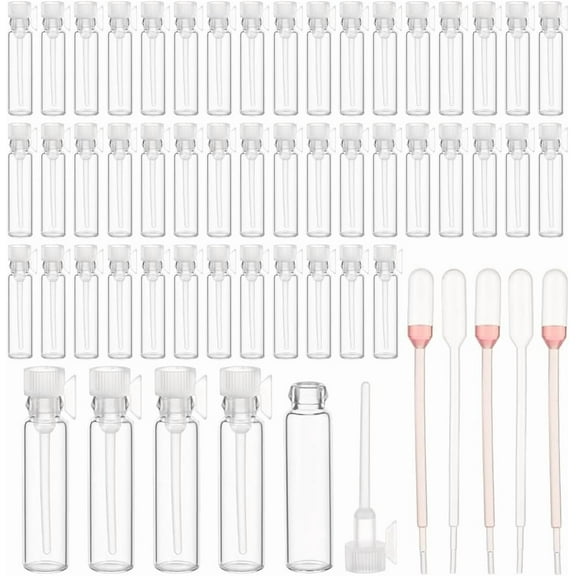 150Pcs Glass Refillable Perfume Bottles with Plastic Cap 20Pcs Plastic Dropper Clear 0.9x3.95cm Capacity: 1ml(0.03fl. oz) for DIY