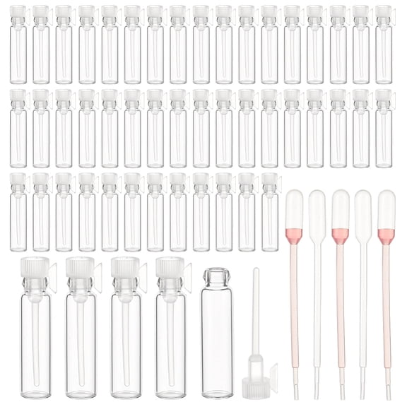 150Pcs Glass Refillable Perfume Bottles with Plastic Cap 20Pcs Plastic Dropper Clear 0.9x3.95cm Capacity: 1ml(0.03fl. oz)
