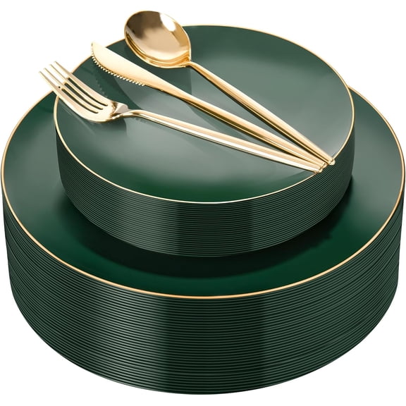 150Pcs Green Plastic Plates with Gold Rim, Fancy Disposable Plates,Green Plates Set include 30 Dinner Plate,30 Dessert Plate, 90 Plastic Silverware Set for Wedding&Party
