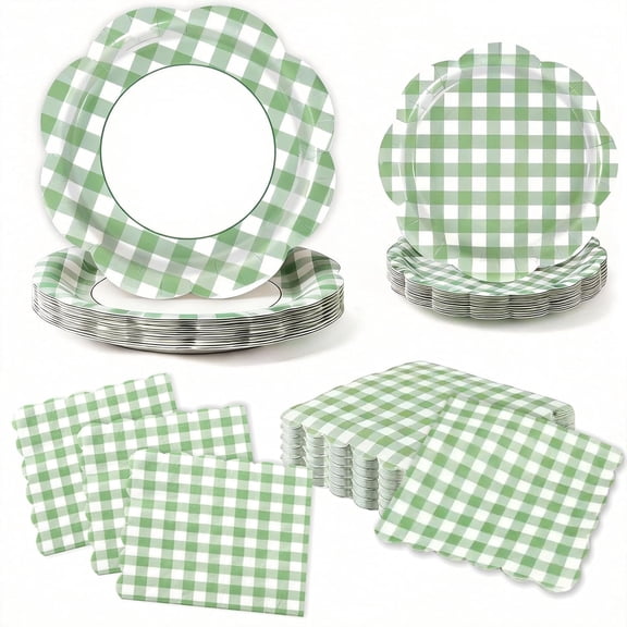 150Pcs Green Gingham Party Supplies, Scalloped Checkered Dessert Paper Plates and Napkins Disposable Plaid Tableware Set for Birthday Wedding Baby Shower Spring Family Dinner Party Supplies Serves 50