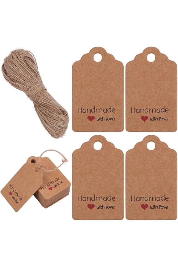 150Pcs Handmade with Love Gift Tags Gifts Wrapping Tags Burlywood Kraft Paper Rectangle Red Heart Hanging Labels Tag with 66 Feet Jute String for DIY Crafts Wedding Party Favors Wrap Decor for DIY