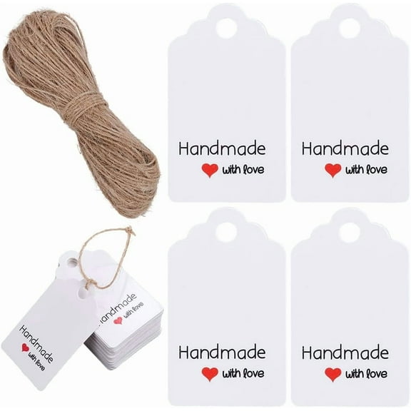 150Pcs Handmade with Love Tags Heart Gift Tag Bulk 5 x 3cm White Writable Paper Present Tags with 20M Jute Cord Love Hearts Cards for Valentines Present Party Favors Wedding Christmas Holiday White