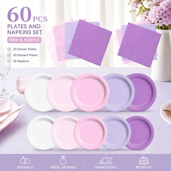 150Pcs Light Purple and Pink Plates and Napkins Set for 50, Lavender Birthday and Wedding Party Tableware Decorations