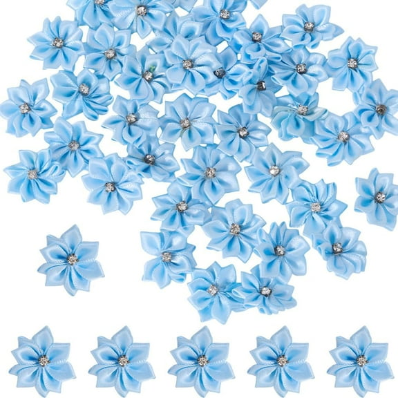 150Pcs Mini Ribbon Flowers Satin Ribbons Flower Floret 1.2In Rhinestone Flowers for Crafting Sewing Applique Fabric Decoration DIY Wedding Party Cornflower Artificial Dasiy Bow Blue Craft