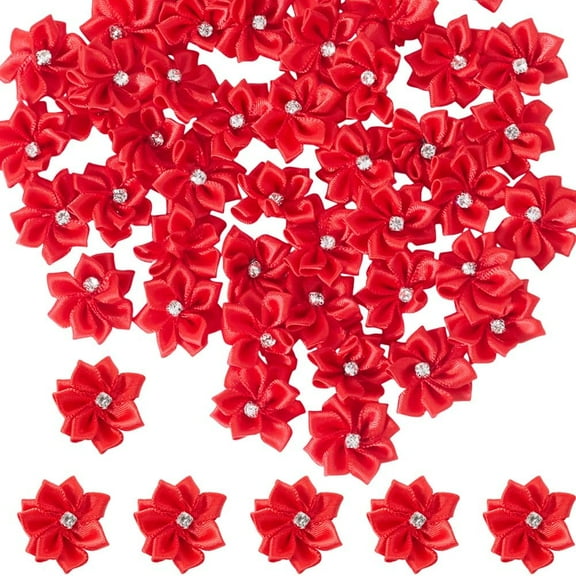 150Pcs Mini Ribbon Flowers Satin Ribbons Flower Floret 1.2In Rhinestone Flowers for Crafting Sewing Applique Fabric Decoration DIY Wedding Party Cornflower Artificial Dasiy Brickred