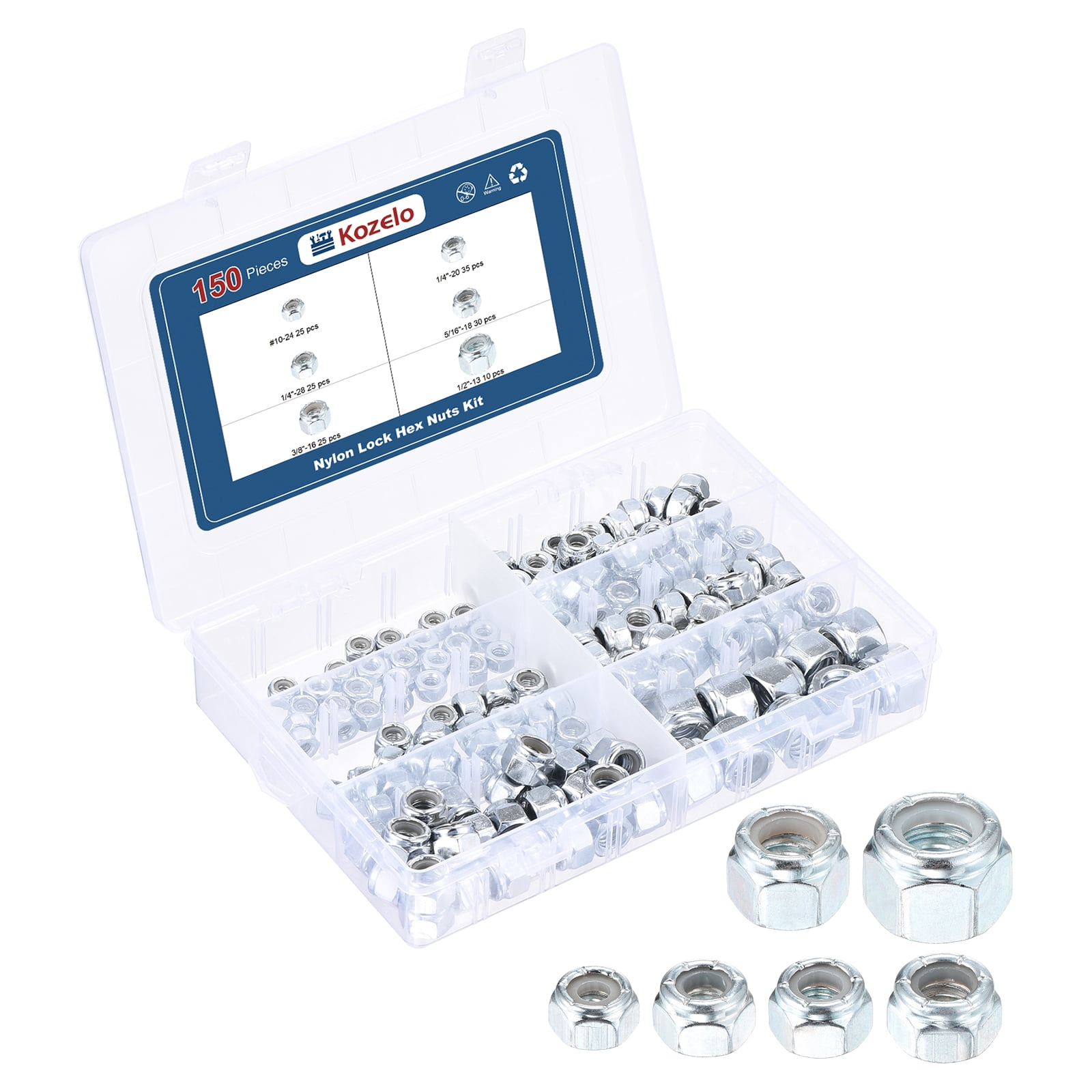 150Pcs Nylon Lock Nuts Kit [#10,1/4"-20,1/4"-28,5/16",3/8",1/2"] Carbon steel Hardware Nuts, bluish white, for Automotive, Aerospace, Industrial Applications  Use