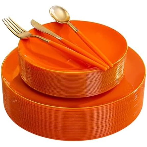 150Pcs Orange Plastic Plates & Gold Cutlery with Orange Handle,orange Disposable Plates with Gold Rim Set Include 30 Dinner Plate,30 Dessert Plate,30 Knive,30 Forks,30 Spoons for Party Wedding