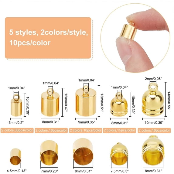 150Pcs Paint Cord Ends End Caps Golden Leather Ends Cord Glue in Barrel End Caps Platinum Leather Cord End Cap Finding Kit for Tassel Making