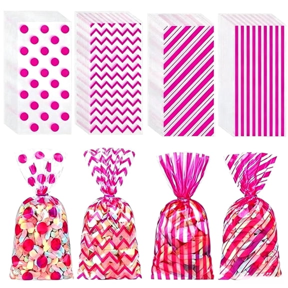 150Pcs Pink Cellophane Bags with Twist Ties, 4 Styles Clear Plastic Party Favor Bags, 5.1"×10.6" Colorful Candy Bags for Birthday, Carnival, Bulk Party Supplies