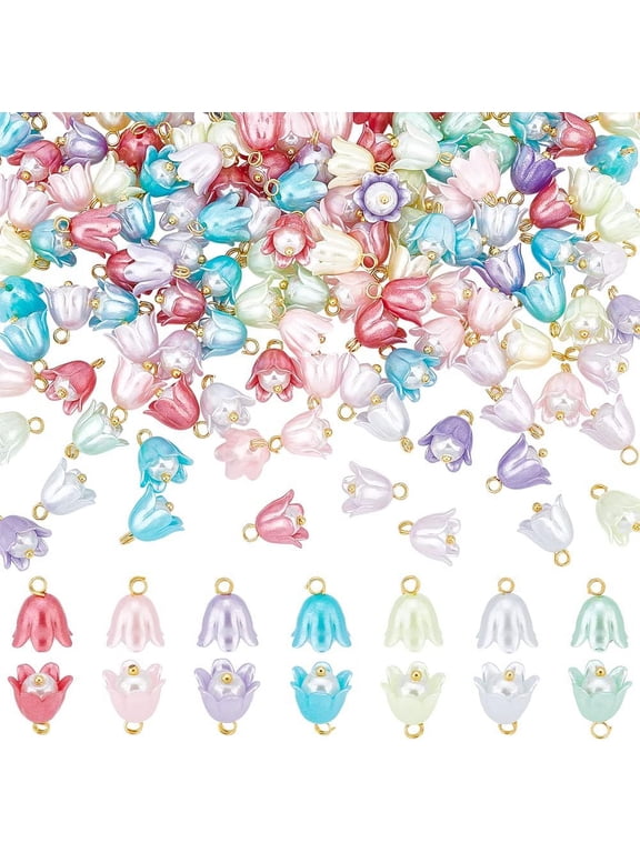 150Pcs Plastic Flower Imitation Pearl Charms 12x10.5mm Flower Bead Pearl Pendants Flower Dangle Charms Pearl Flower Charms for DIY Necklace Bracelet Earrings Making Mixed Color