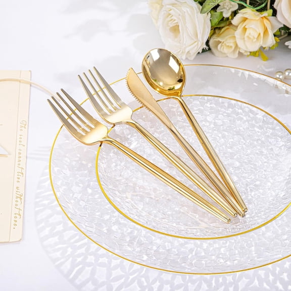 150Pcs Plastic Plates Gold Rim Heavy Duty Clear Dinnerware Set With Silverware For Parties