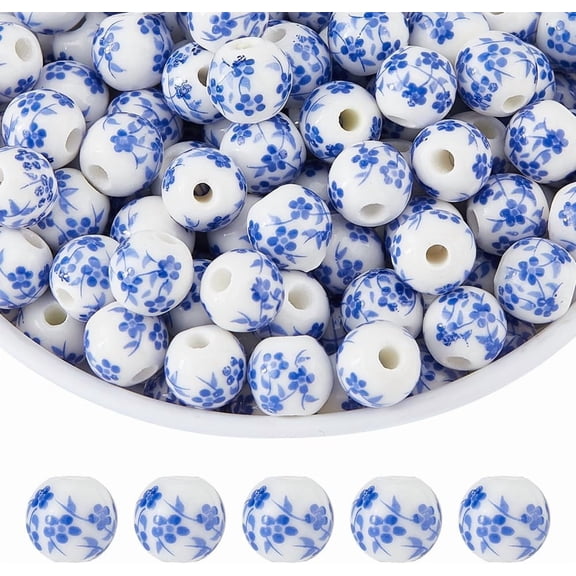 150Pcs Porcelain Ceramic Beads 8mm Ceramic Beads Blue Flower Beads Ceramic Spacer Beads Round Handmade Beads Chinese Porcelain Beads for DIY Jewelry Making Hole: 2mm