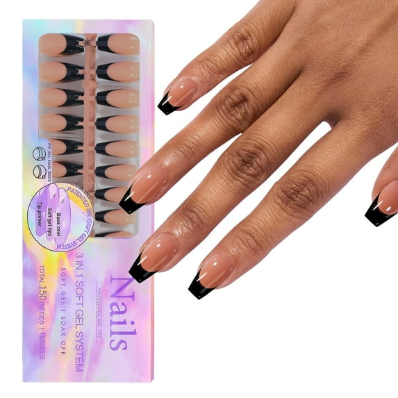150Pcs Press On Nails Gel False Nail Tips 3 in 1 Pre-Colored French Nails Fake Nails 14 Sizes for Nail Extensions