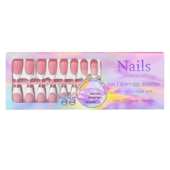 150Pcs Press On Nails Soft Gel False Nail Tips 3 in 1 Pre-Colored French Nails Fake Nails 14 Sizes for Nail Extension