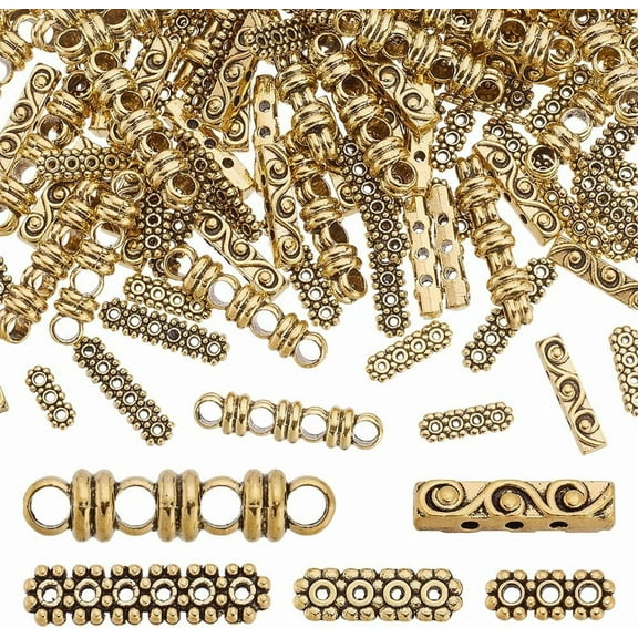 150Pcs Rectangle Spacer Bar Metal Beads 5 Styles Tibetan Style Alloy Spacers Beads 3 4 6 Hole Tibetan Multi Strand Separator Link Connectors for DIY Bracelet Necklace Jewelry Making Gold
