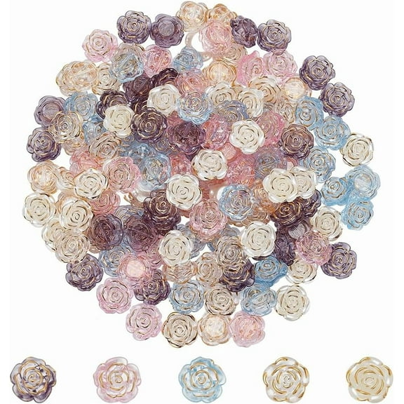 150Pcs Rose Flower Beads 5 Colors Flatback Drilled Rose Cabochons with Gold Foil Plastic Flower Flat Back with Holes 19x19mm Floral Decoration for Jewelry Crafting Necklace Bracelet Making