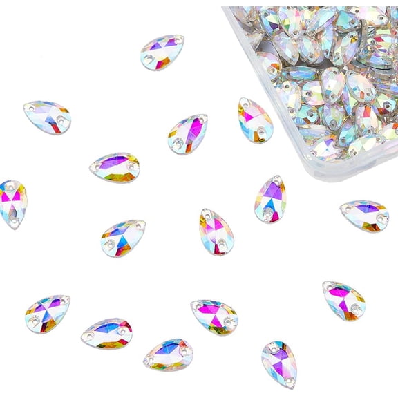 150Pcs Sew on Rhinestone Glass Rhinestone Faceted Cabochons Teardrop Double Hole Cabochons Light Siam AB 12x7x3.5mm Hole: 1mm