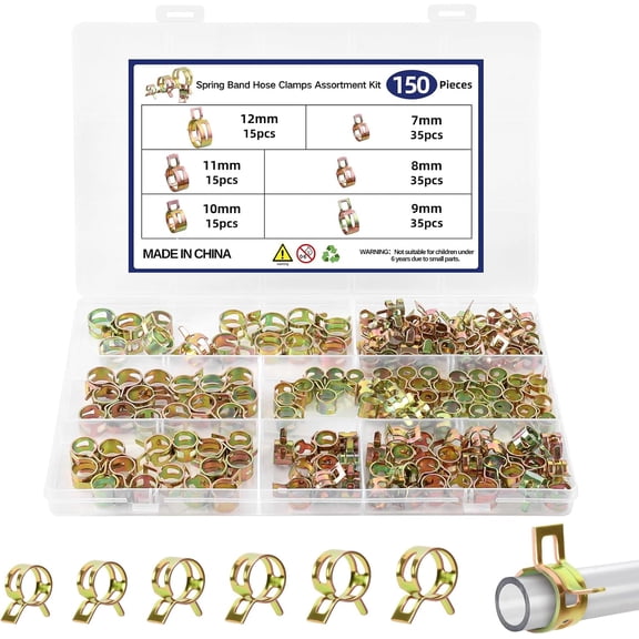 150Pcs Spring Band Hose Clamps Assortment Kit, Fuel Line Hose Clamps, Low Pressure Air Spring Clips for Silicone Vacuum Hose Pipe Clamps, 6 Sizes (7mm 8mm 9mm 10mm 11mm 12mm)