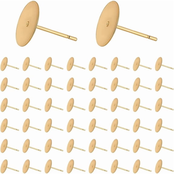 150Pcs Stainless Steel Earrings Posts Flat Pad Earring Post 24K Gold Plated Blank Earring Studs Flat Round Ear Studs DIY Jewelry Findings for DIY