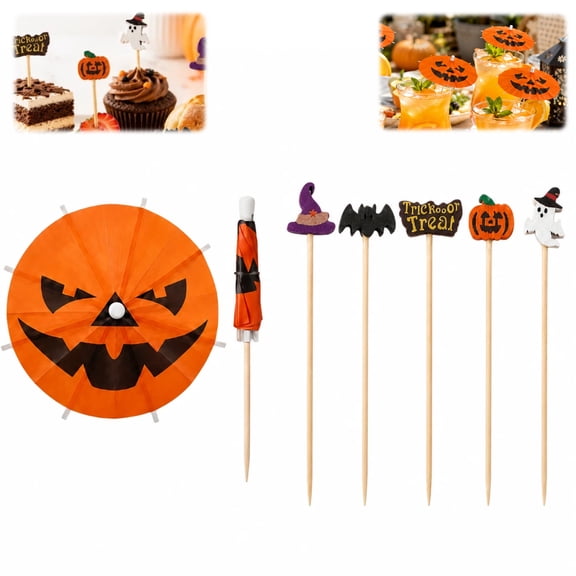 150Pcs Summerween Halloween Cocktail Picks and Drink Umbrellas Set, Bamboo Toothpicks Cupcake Toppers for Appetizers, Fruit, Drinks and Party Decorations